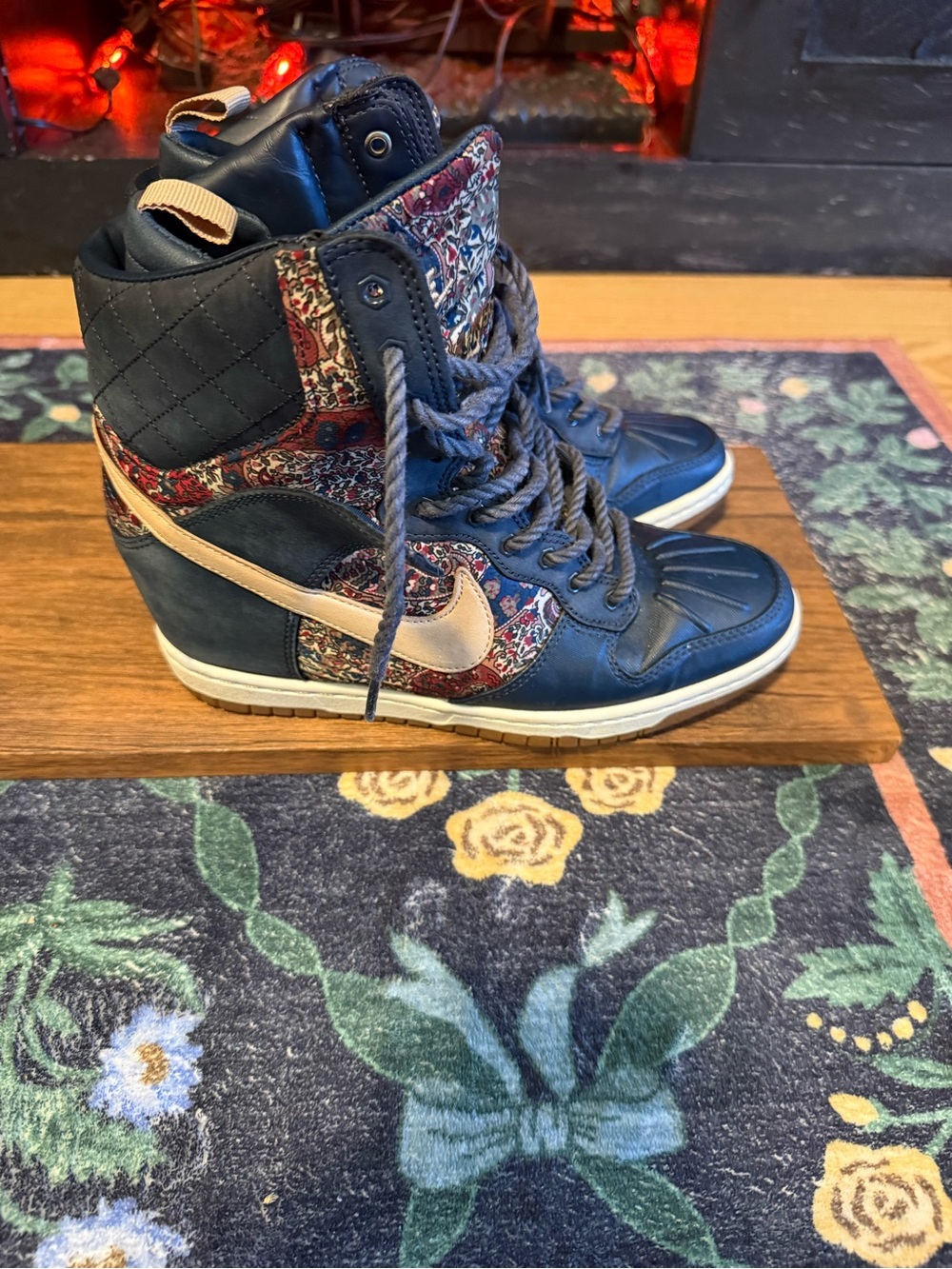 Nike Dunk Sky Hi Liberty QS sneakers in a navy and tan paisley colorway
